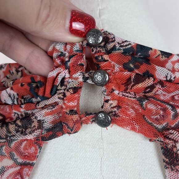 Free People Shirt Womens Medium All Dolled Up Mock Neck Floral Mesh Bohemian Red - Picture 5 of 13